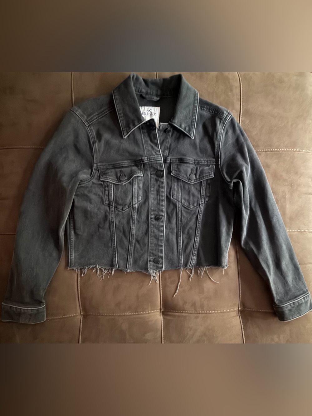 Hollister Washed Black Cropped Denim Jacket with Raw Hem
